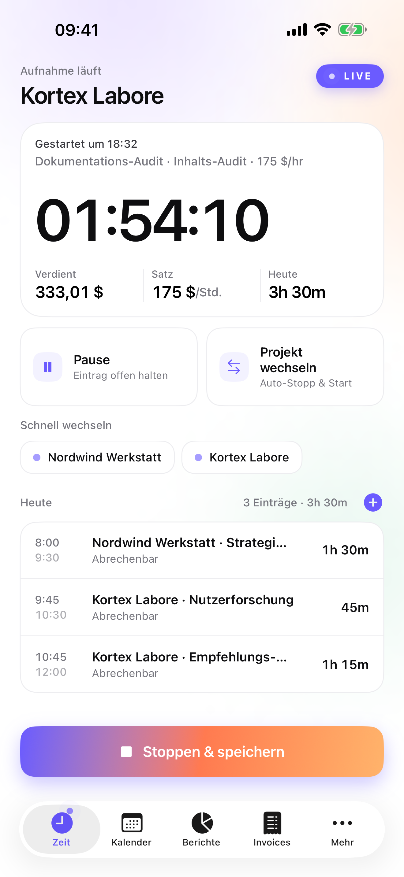 iTimeSheet — Heute-Screen mit laufendem Timer