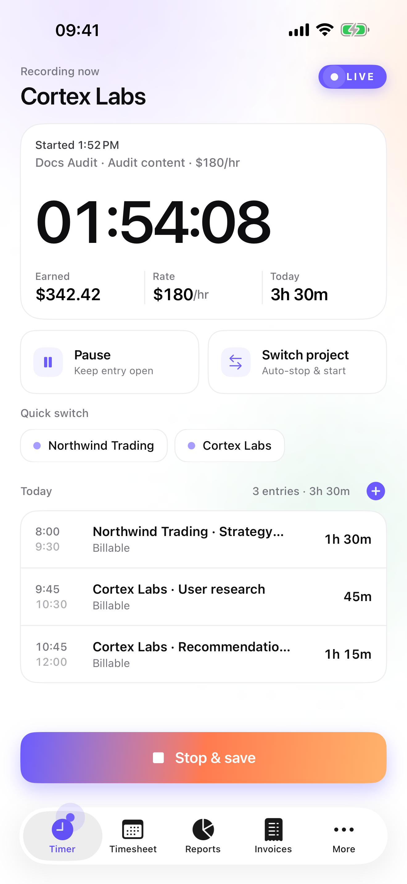 iTimeSheet — Today screen with live timer