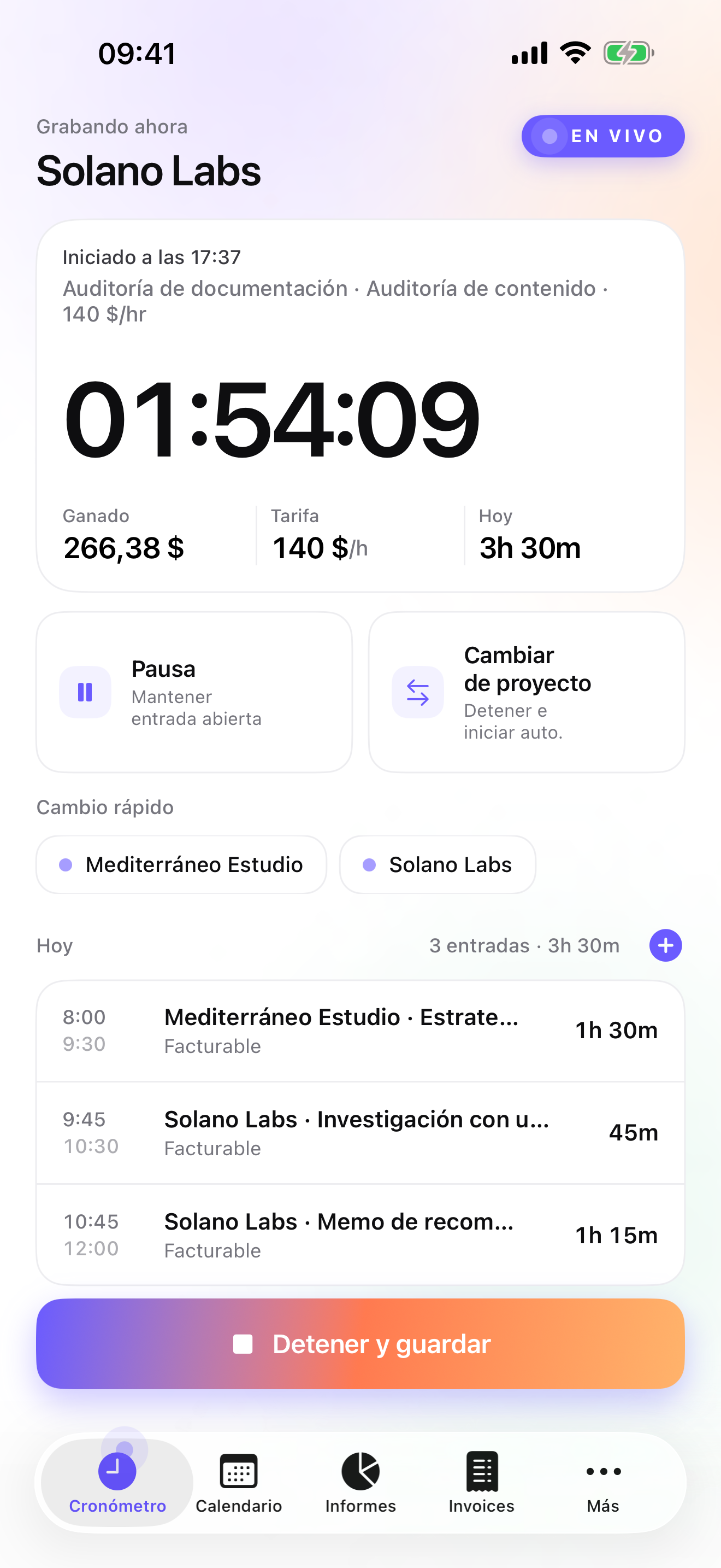 iTimeSheet — pantalla Hoy con cronómetro corriendo