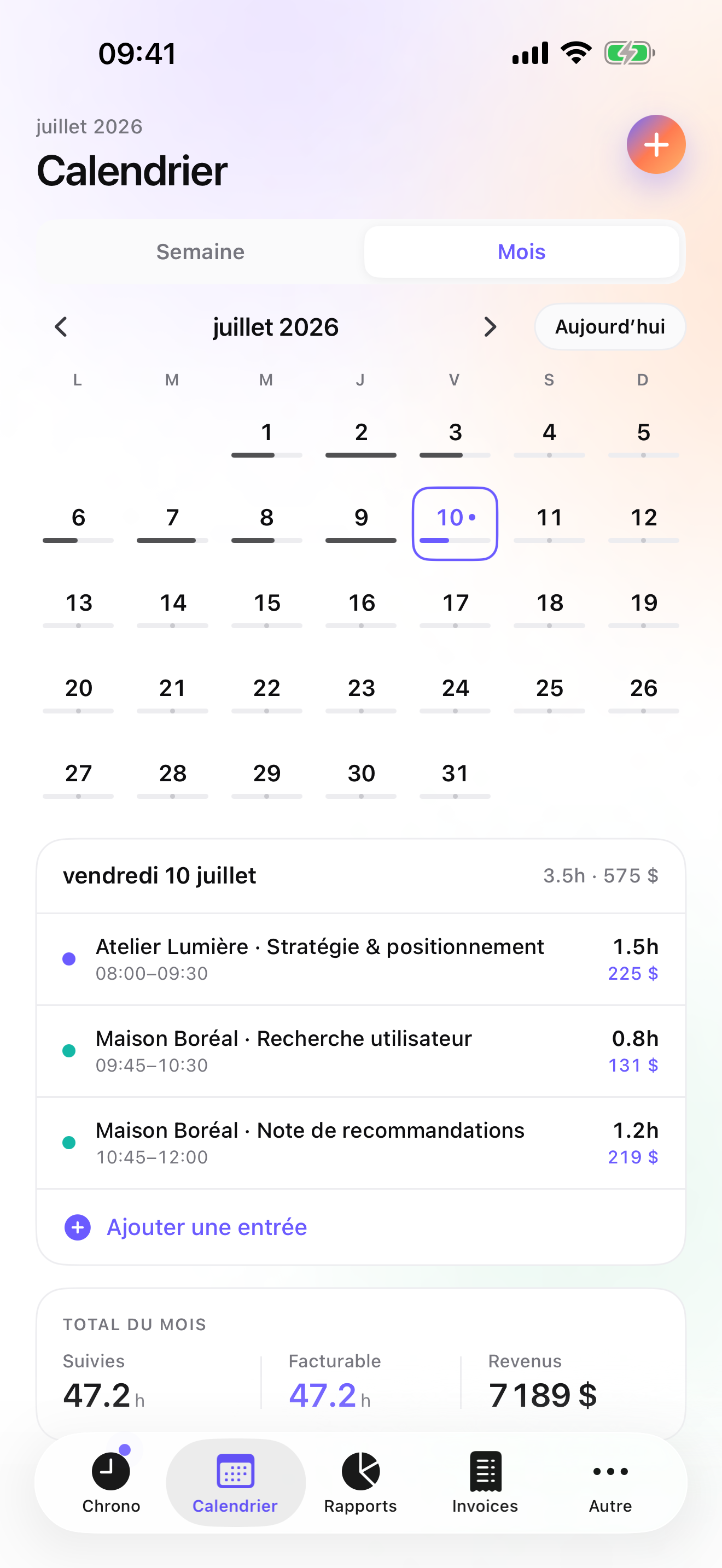 iTimeSheet — feuille de temps mensuelle avec totaux