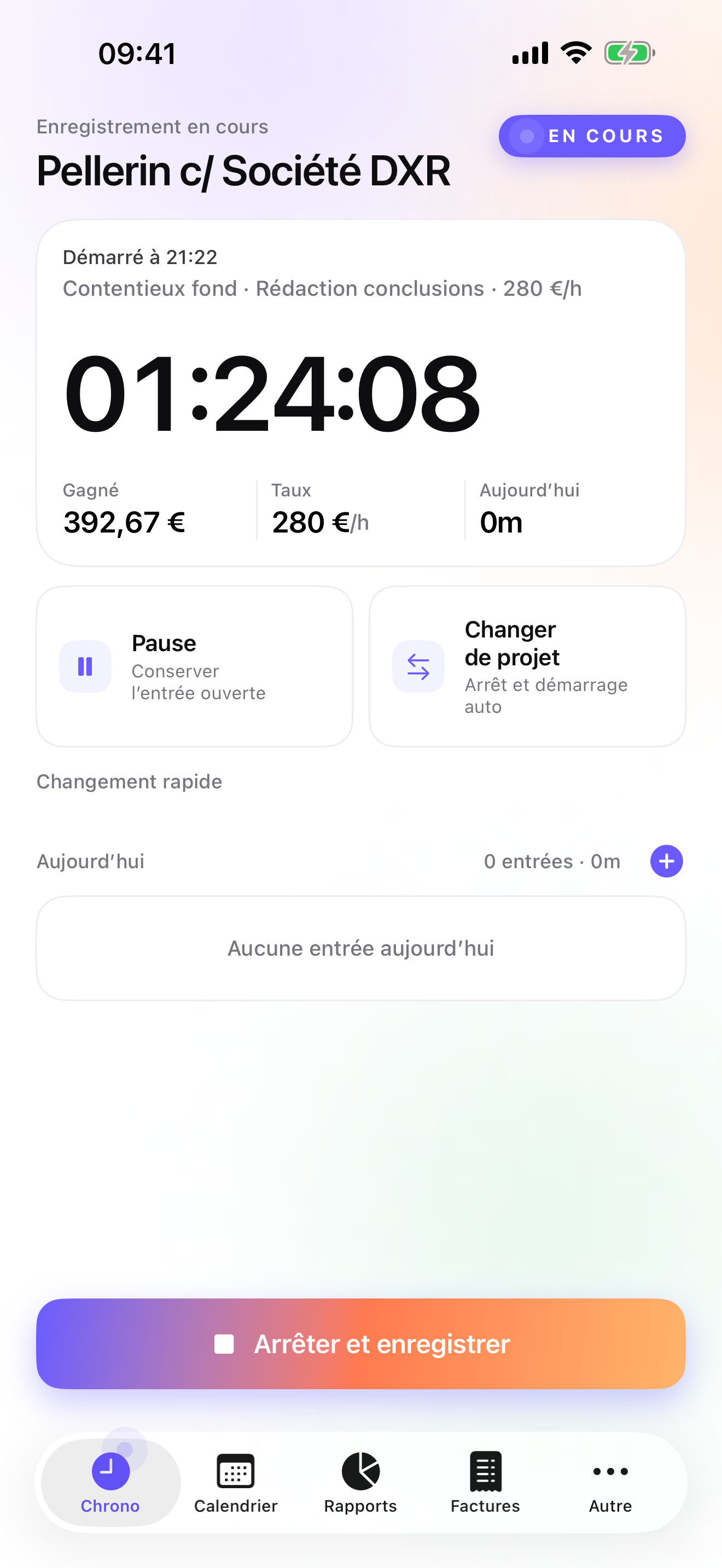 iTimeSheet — chronomètre actif sur un dossier Pellerin c/ DXR